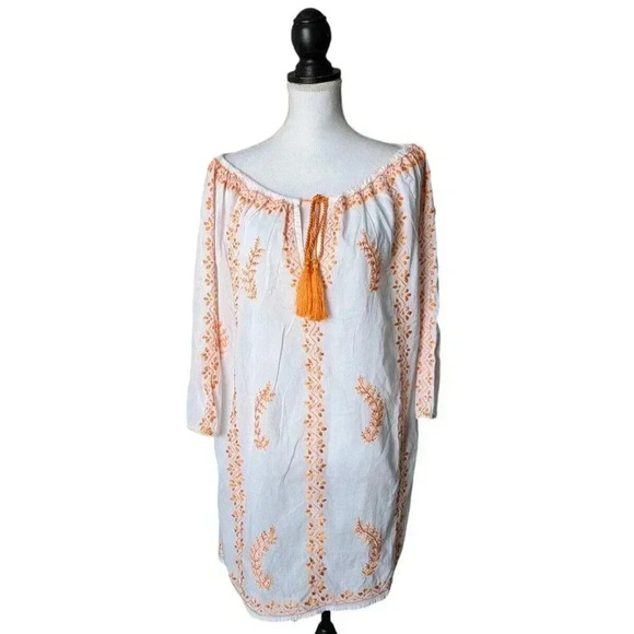 Juliet Dunn London White Orange Floral Embroidered Swim Cover Dress One Size - Picture 1 of 9